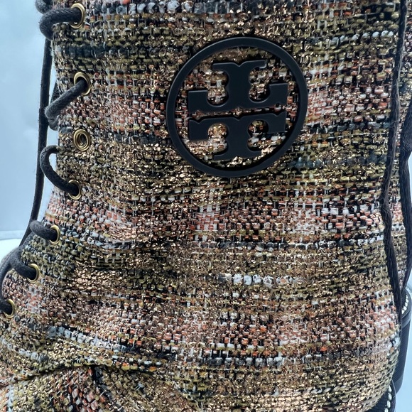 TORY BURCH MILLER 50MM LUG SOLE BOOT ROSEGOLD METALLIC TWEED BROWN LOGO - Picture 12 of 12